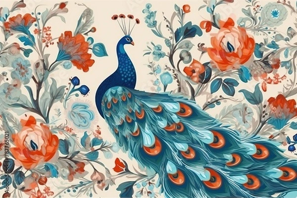 Fototapeta a painting of a peacock with flowers and a blue bird.