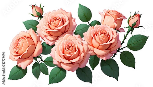 Fototapeta Peach rose Flowers isolated on transparent and white solid background. Anime style illusration. Generative AI