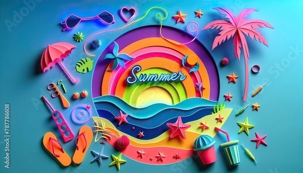 Fototapeta Colorful summer  background with vibrant rainbow, beach essentials sea waves