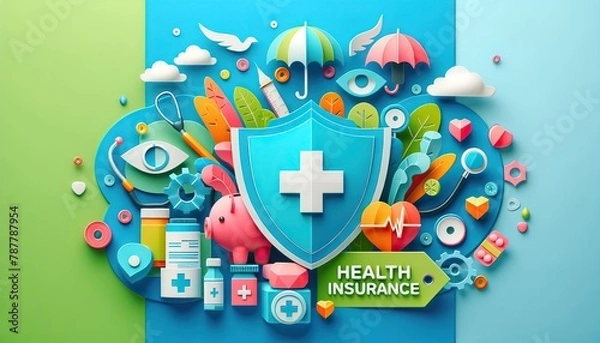 Obraz Colorful representation of health insurance with a protective blue shield and medical icons