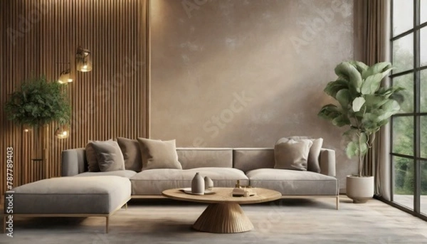 Obraz Luxury living room in warm colors. Brown beige walls, light gray lounge furniture -sofa, table. Empty background microcement for art. Rich interior design. Mockup room office reception. 3d, Ai Generat