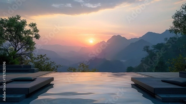 Obraz Wellness retreat in mountains, panoramic view, serene dawn, tranquil meditation