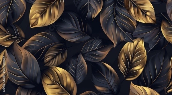 Fototapeta Seamless pattern with golden leaves on a dark background