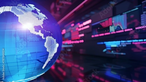 Fototapeta 3D World News Background, digital world breaking news Studio Background for news report and breaking news on world live report