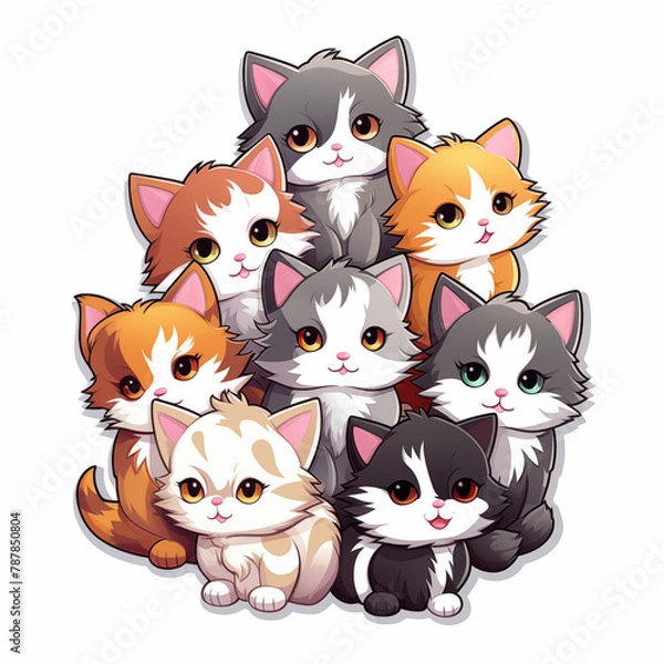 Fototapeta The image shows a group of nine adorable, cartoon-style kittens of various colors and patterns, arranged in a pyramid formation. Each kitten has large, expressive eyes and a cute. AI generated image