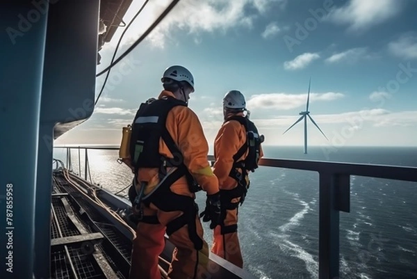 Fototapeta workers on a windmill in a wind farm the sea --ar 3:2 --stylize 250 --v 5 Job ID: 32338507-d9ba-4765-a3f6-3cbc52d95b23