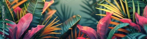 Obraz Dense tropical jungle backdrop with summer vibe, island life palm plants, bird of paradise tree plant leaves