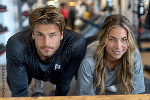 Obraz Happy Athletic Couple Exercising with Hand Weights in Gym Dynamic Action Shot

