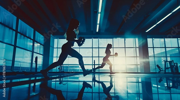 Obraz Happy Athletic Couple Exercising with Hand Weights in Gym Dynamic Action Shot

