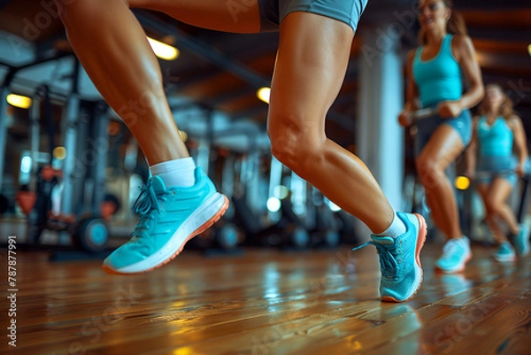 Obraz Happy Athletic woman Exercising with Hand Weights in Gym Dynamic Action Shot

