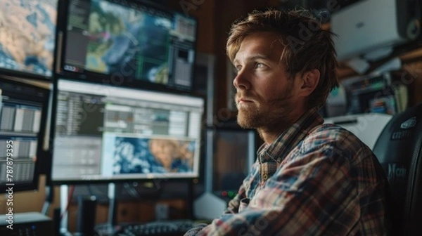 Fototapeta A man is sitting in front of a computer monitor with a beard and a plaid shirt