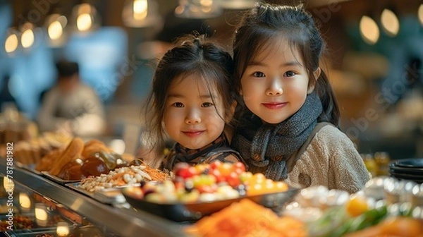 Fototapeta Happy kid and his sister enjoying in buffet breakfast while being in hotel with their parents