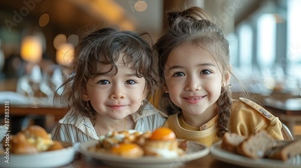 Fototapeta Happy kid and his sister enjoying in buffet breakfast while being in hotel with their parents