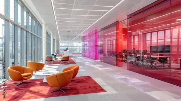 Fototapeta A large room with a red and white color scheme