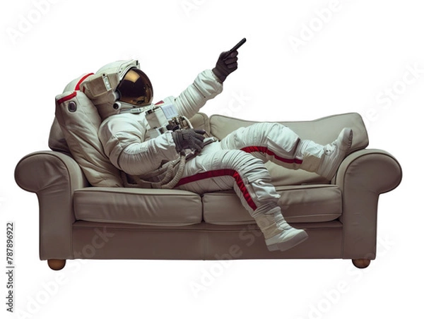 Fototapeta AI generated image, Astronaut sitting on sofa holding TV remote, watching TV, relaxing PNG transparent, isolated on transparent background