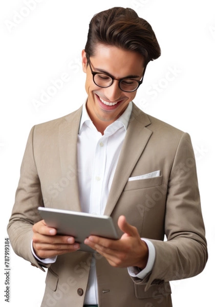 Fototapeta PNG Young modern business man looking at the tablet screen while working computer glasses reading. AI generated Image by rawpixel.