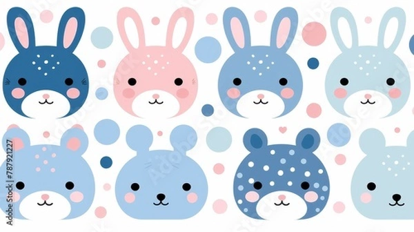 Fototapeta A seamless pattern with cute cartoon rabbits and bears in blue and pink colors.