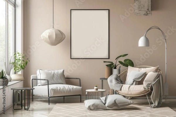 Fototapeta Beige Scandinavian Interior with Poster Mockup created with Generative AI