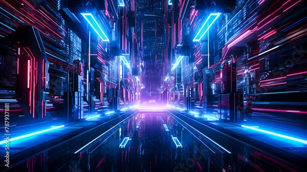 Fototapeta Abstract digital high tech city design for banner background. cityscape with space and neon light