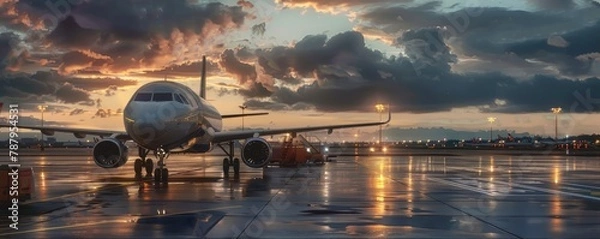Fototapeta A commercial jet poised on a wet runway, bathed in the warm glow of a sunset with dramatic clouds in the background.