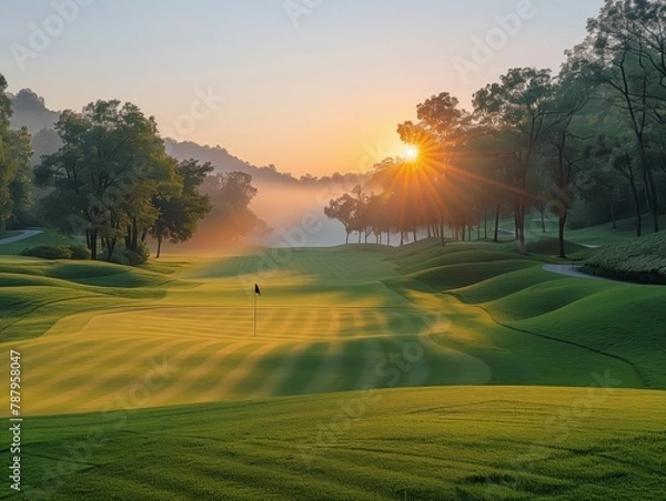 Obraz beautiful golf course at sunset or sunrise, generative ai
