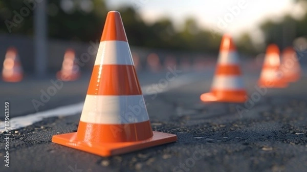 Fototapeta 3D render of a traffic cone icon representing road safety and a striped rubber road barrier.
