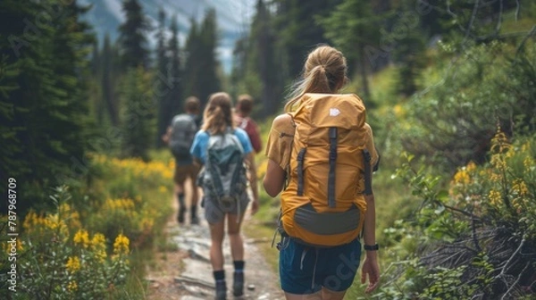Fototapeta A group of people with backpacks walking down a trail, AI