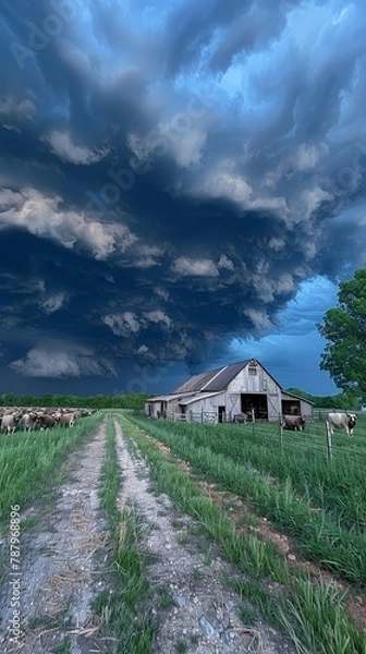 Fototapeta Brooding clouds loomed over the rustic barn and fields, farm animals huddling together, a sense of impending rainfall