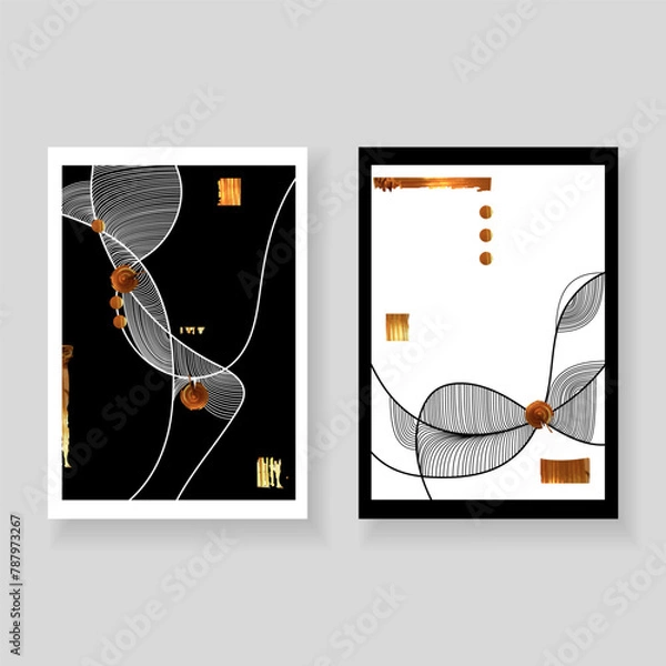 Fototapeta Set of minimal elegant wall decor posters. Black and white abstract swirls of lines and golden grunge texture. Creative templates for parties, cards, posters, covers, home decor. Vector. Line art.