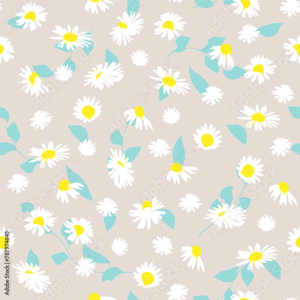 Fototapeta Hand-drawn seamless pattern with floral print. Contour silhouette of white daisies on a beige background. Vector pattern for printing on fabric, gift wrapping, covers, wallpapers.