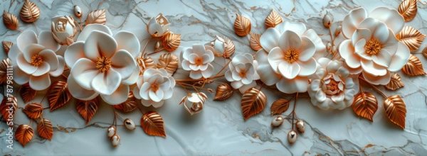 Fototapeta D wallpaper with a marble floral frame and gold leaves, white background