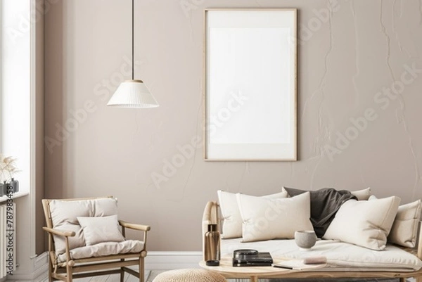 Obraz Beige Scandinavian Interior with Poster Mockup created with Generative AI