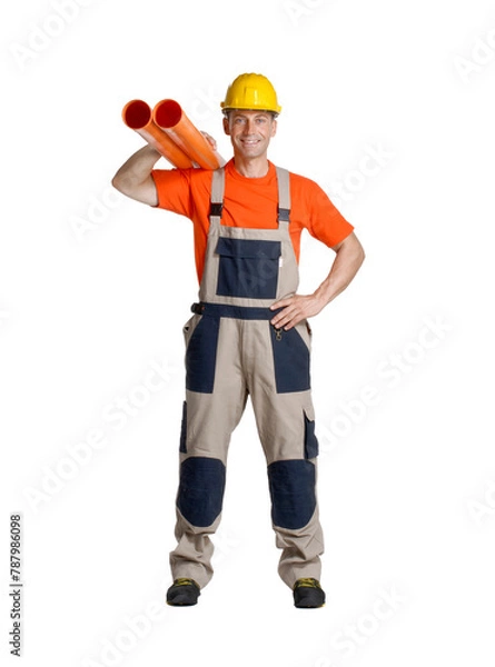 Obraz Plumber worker holding plumbing pipes tubes isolated on transparent layered background.