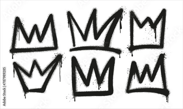 Fototapeta Сrown black graffiti spray paint pattern. Spray set elements Crown logo graffiti icon drips texture wall street art. Isolated background banner art decoration vector illustration