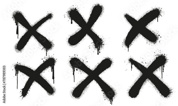 Fototapeta Cross black graffiti spray paint pattern. Spray set elements cross check, tick drips texture wall street art. Isolated background banner art decoration vector illustration