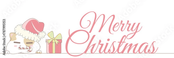 Obraz Cute fat white cat in the red hat of Santa Claus holding caramel cane. Banner with copy space and illustration of funny kitty with christmas symbols.