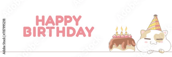 Obraz Cute fatty cat in party hat and birthday cake, vetor illustraton. Birthday theme banner with copy space. Cute white kitten illustration for birthday greeting card.