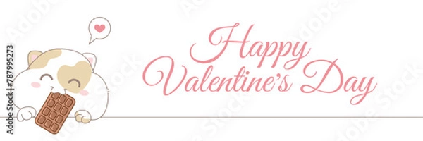 Obraz Valentine's day horizontal banner with cute fatty cat eating chocolate. Smiling white kitty eat candy. Frame with copy space and doodle illustration.