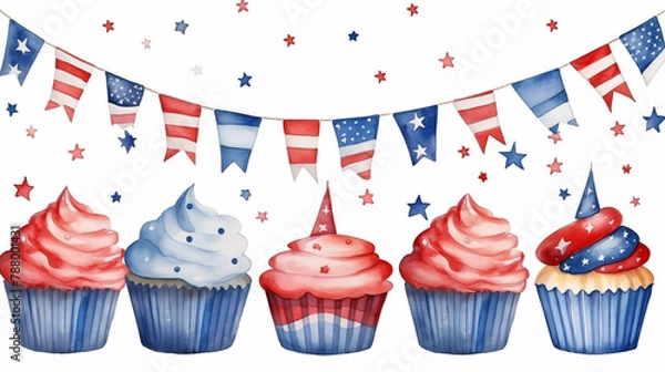 Fototapeta 4th of July cupcakes and USA flags on a white background. Independence Day card. 