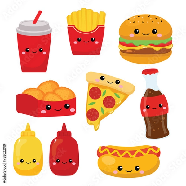 Obraz Set of cute fast food and drink concept