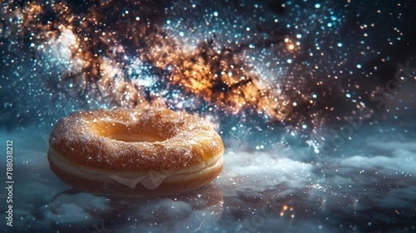 Fototapeta Design an otherworldly landscape featuring a towering donut tower within a starry space filled with glowing constellations ,close-up,ultra HD,digital photography