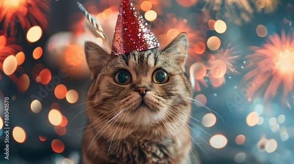 Fototapeta A festive cat wearing a sparkly party hat, celebrating the New Year with a vivid fireworks display in the background.