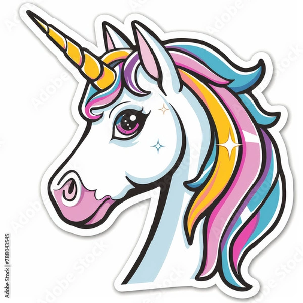 Fototapeta Unicorn, logo and emoji or sticker in white background for fairytale, fantasy and myths. Horse, Isolated and cartoon or emoticon for social media or magic and character with horn, fun and gen z.