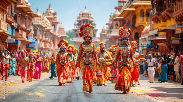 Fototapeta Kathakali dancers walk during the festival. Indian classical dance of Kerala