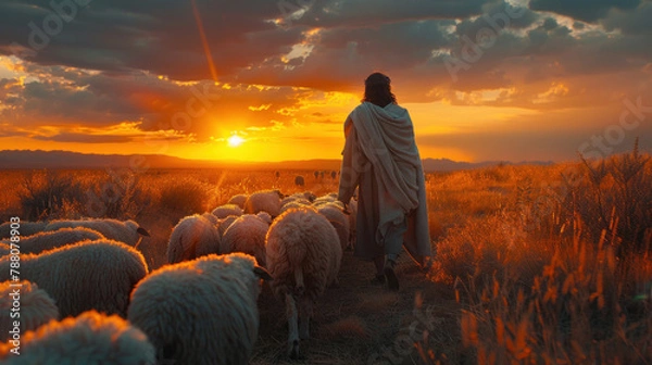 Fototapeta A Bible scene depicts Jesus as a shepherd with his flock of sheep during sunset.