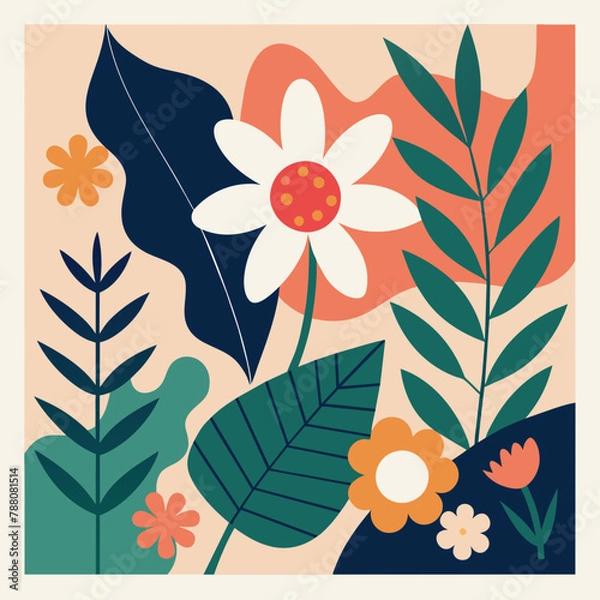 Fototapeta Floral Pattern with Leaves and Butterflies on Vintage Background