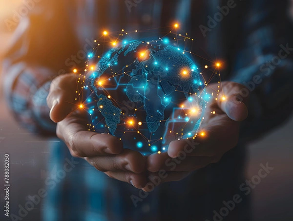 Fototapeta Business Success: Hand holding globe with icon and network sphere, symbolizing global business and technology networking