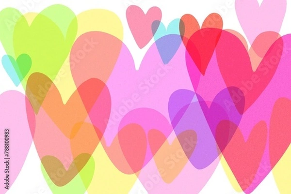Fototapeta Bright and beautiful horizontal background with multicolor hearts of different shapes. Happy Valentine’s Day. Romantic abstract wallpaper. Neon shades and glowing colors. Greeting card design. 