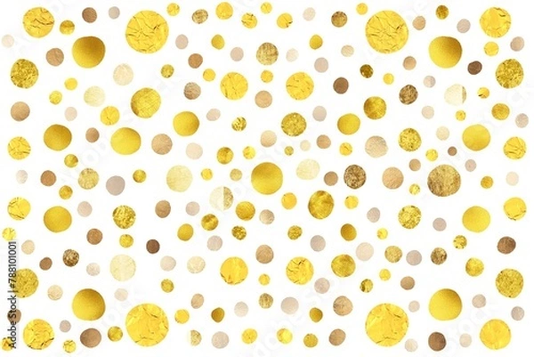 Fototapeta Abstract golden polka dots backdrop. Shiny, glowing bright wallpaper design. Confetti. Celebration card. Festive mood. Isolated on a white background.