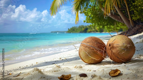 Obraz  Two Coconuts Resting on a Tropical Beach